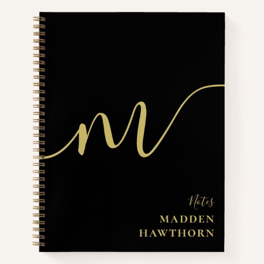 Carnet Monogramme moderne Script Calligraphie Black Gold (Devant)