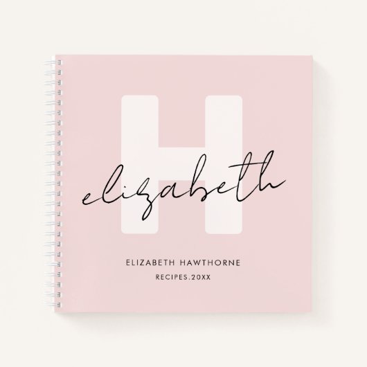 Carnet Monogramme moderne Script Girly Blush Rose Recette (Devant)