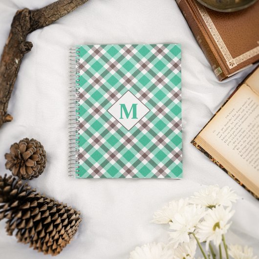 Carnet Monogramme moderne Turquoise Vert Plaid Tartan Mot