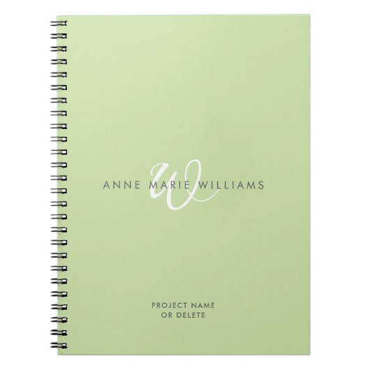 Carnet Monogramme moderne vert clair blanc écriture scrip (Devant)