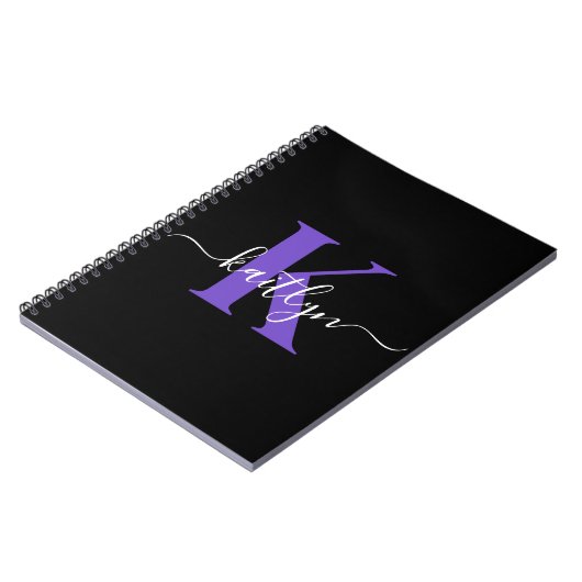 Carnet Monogramme Moderne Violet Noir Script (Côté gauche)