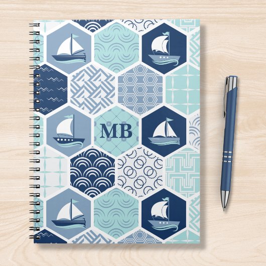 Carnet Monogramme Nautique Moderne Bateau Bleu Personnali