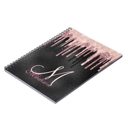Carnet monogramme noir à goutte noire rose chic (Côté gauche)