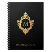 Carnet Monogramme noir élégant orné faux blason doré nom (Devant)