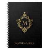 Carnet Monogramme noir Elégant Orné Faux Gold Crest Nom (Devant)