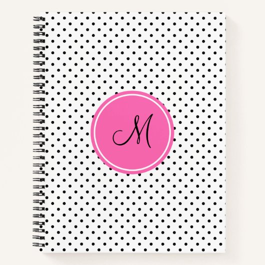 Carnet Monogramme noir et blanc Polka point avec rose cha (Devant)