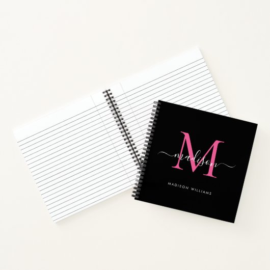 Carnet Monogramme noir rose élégant Nom initial du script (Intérieur)