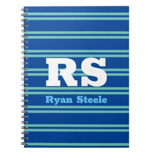Carnet Monogramme & nom gras, lignes sarcelle claire sur