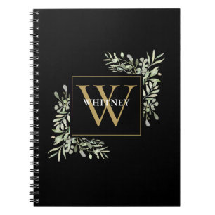 Carnet Monogramme Or Elégant Eucalyptus Vert Noir