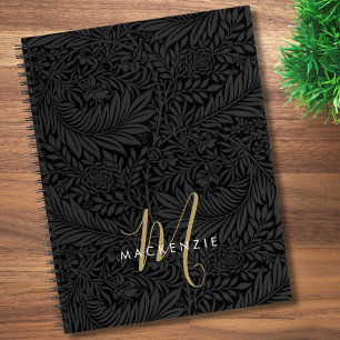 Carnet Monogramme Or Élégant Motif Floral Noir