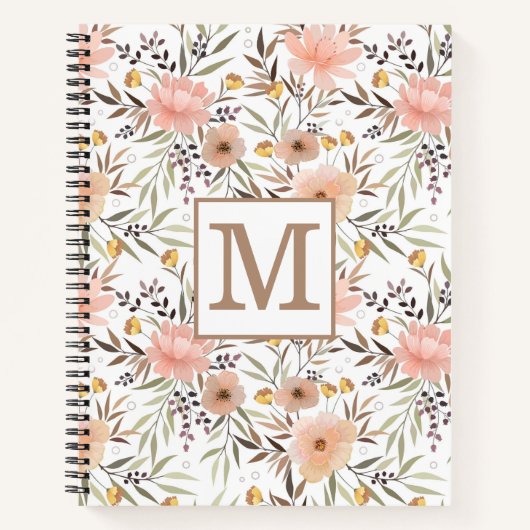 Carnet Monogramme Peach rose Olive Brown motif floral (Devant)