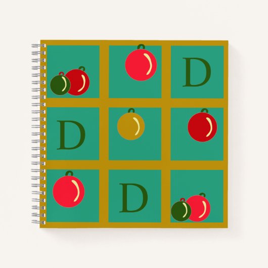 Carnet Monogramme personnalisé Rouge Vert, Ornament Or (Devant)