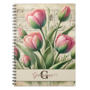 Carnet Monogramme Pink & Green Vintage Tulips Partition M