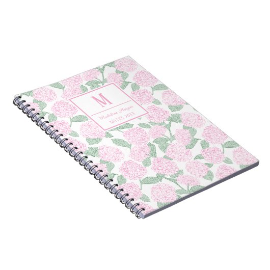 Carnet Monogramme Preppy rose et vert Hydrangeas (Côté Droit)