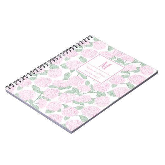 Carnet Monogramme Preppy rose et vert Hydrangeas (Côté gauche)