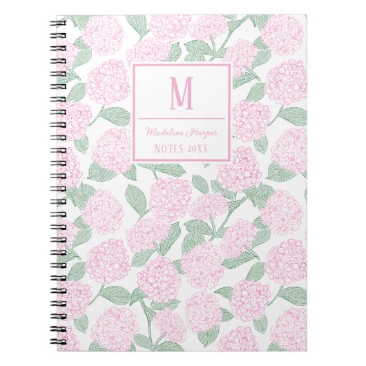 Carnet Monogramme Preppy rose et vert Hydrangeas (Devant)