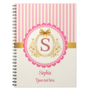 Carnet Monogramme Princesse Couronne Dorée Rayures Roses