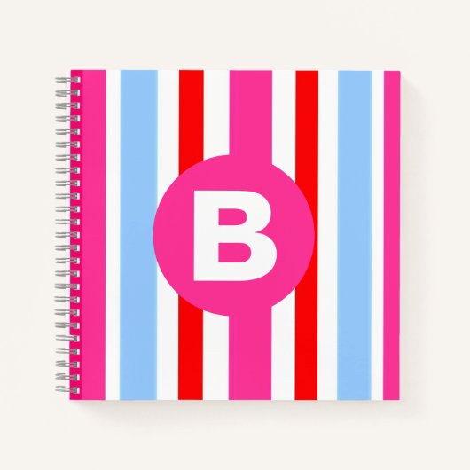Carnet Monogramme rayures bonbons rose et bleu vif (Devant)