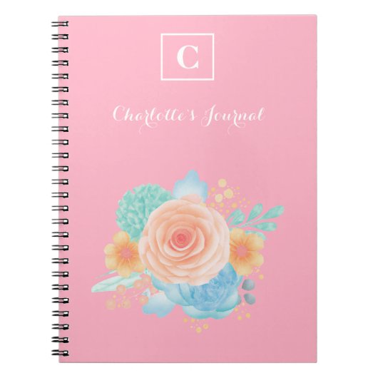 Carnet Monogramme rose Aquarelle florale (Devant)