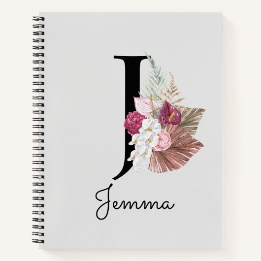 Carnet Monogramme Rose Boho Féminin Floral Initial J (Devant)