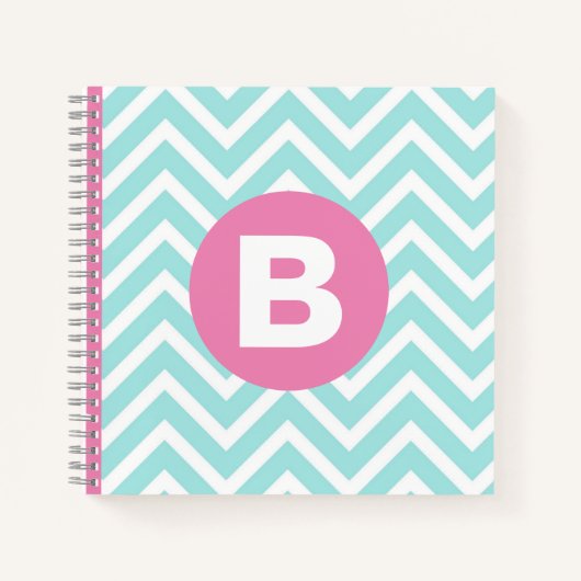Carnet Monogramme rose chevron bleu clair tendance (Devant)