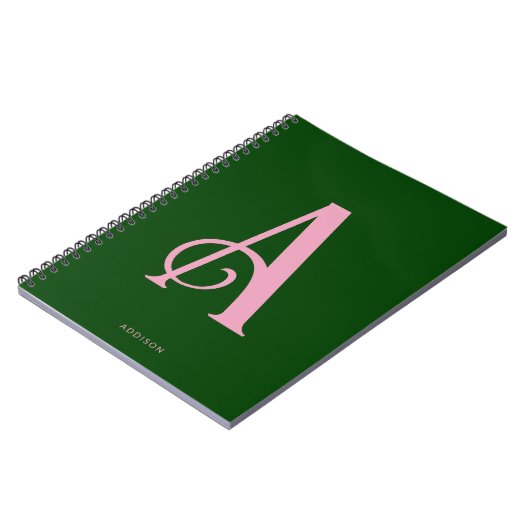 Carnet Monogramme rose élégant initial sur vert foncé (Côté gauche)