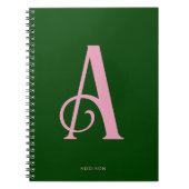 Carnet Monogramme rose élégant initial sur vert foncé (Devant)