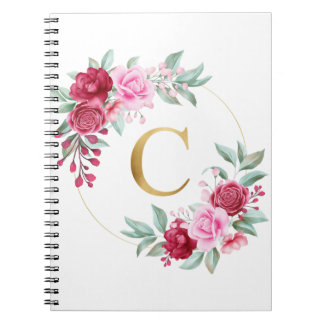 Carnet Monogramme rose et rouge Floral Lettre initiale C