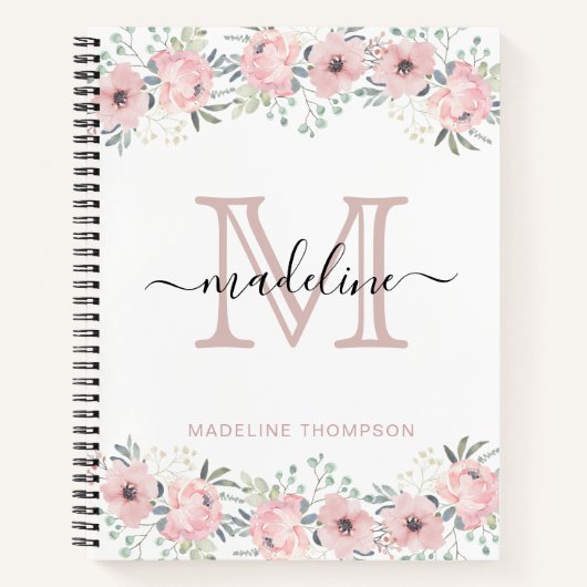 Carnet Monogramme rose floral élégant moderne (Devant)