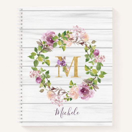 Carnet Monogramme Rustique Gold M Nom Floral Wreath (Devant)
