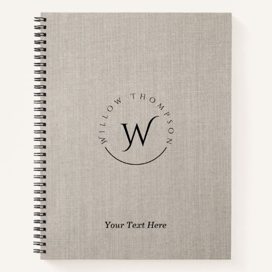Carnet Monogramme Rustique Linge Beige Élégant Script (Devant)