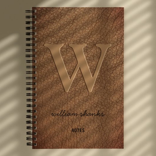 Carnet Monogramme rustique nom en script or marron cuir
