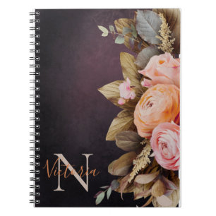 Carnet Monogramme rustique Nom Pink Floral Foilage Vintag