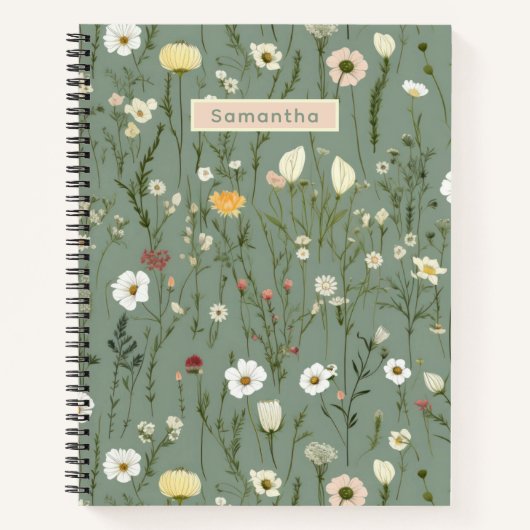 Carnet Monogramme Sage Vert Jaune Blanc Fleurs sauvages B (Devant)