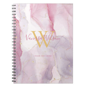 Carnet Monogramme Script Aquarelle Veine D'or Rose Violet