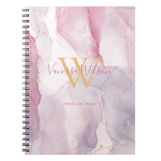 Carnet Monogramme Script Aquarelle Veine Or Rose Violet (Devant)