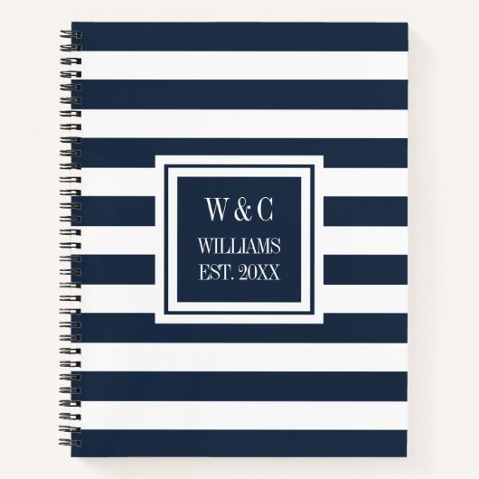 Carnet Monogramme Tendance Rayure Bleu Marine Nom de Fami (Devant)