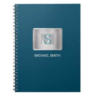 Carnet Monogramme turquoise et gris, Nom blanc, Bleu fonc