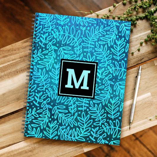 Carnet Monogramme turquoise feuillage moderne feuille mot