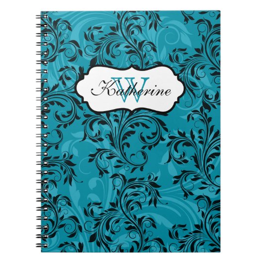 Carnet Monogramme Turquoise Noir Blanc Scrolls (Devant)