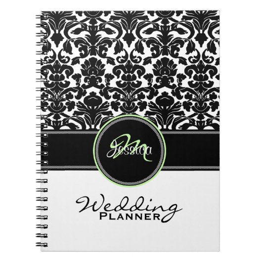 Carnet Monogramme vert noir blanc Mariage damassé Planner (Devant)