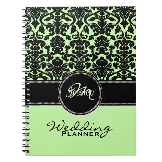 Carnet Monogramme vert noir blanc Mariage damassé Planner (Devant)