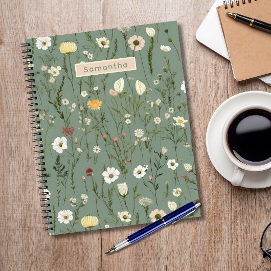 Carnet Monogramme Vert Sauge Jaune Blanc Fleurs Sauvages