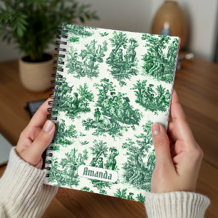 Carnet monogramme vintage fleuri vert toile jouy