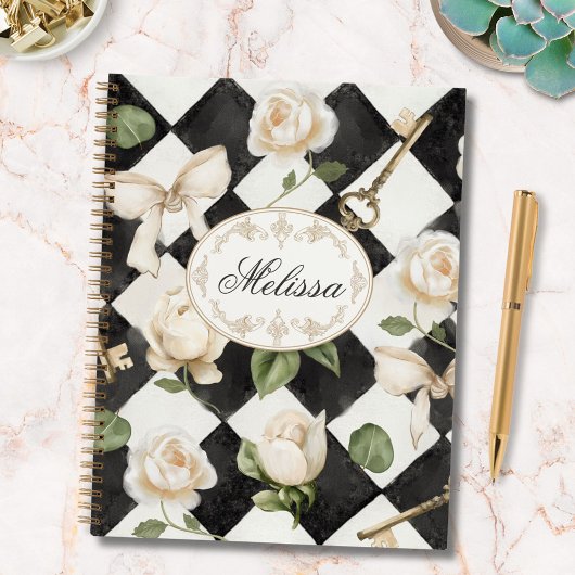 Carnet Monogramme Vintage Rose Fleurs Noir Blanc Diamant