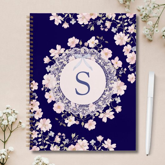 Carnet Monogrammed Pink Flowers and Lace Floral