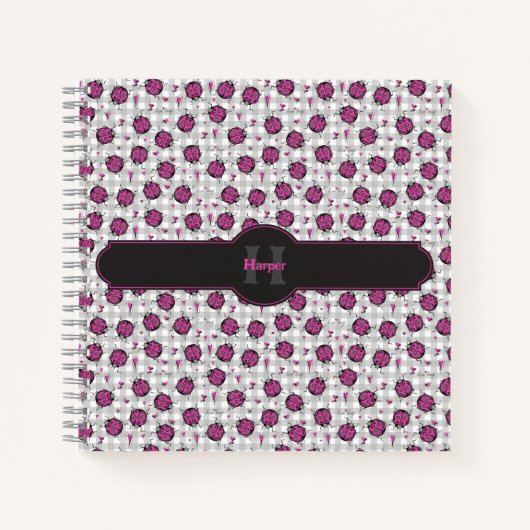 Carnet Motif coccinelle rose vif sur monogramme à carreau (Devant)