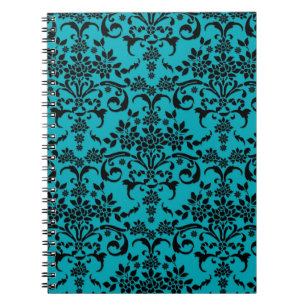 Carnet Motif damassé floral noir et turquoise