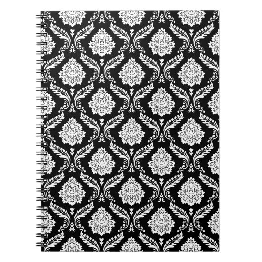 Carnet Motif Damassé Rococo Blanc sur Fond Noir (Devant)