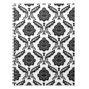 Carnet Motif Damassé Rococo Noir sur Fond Blanc
